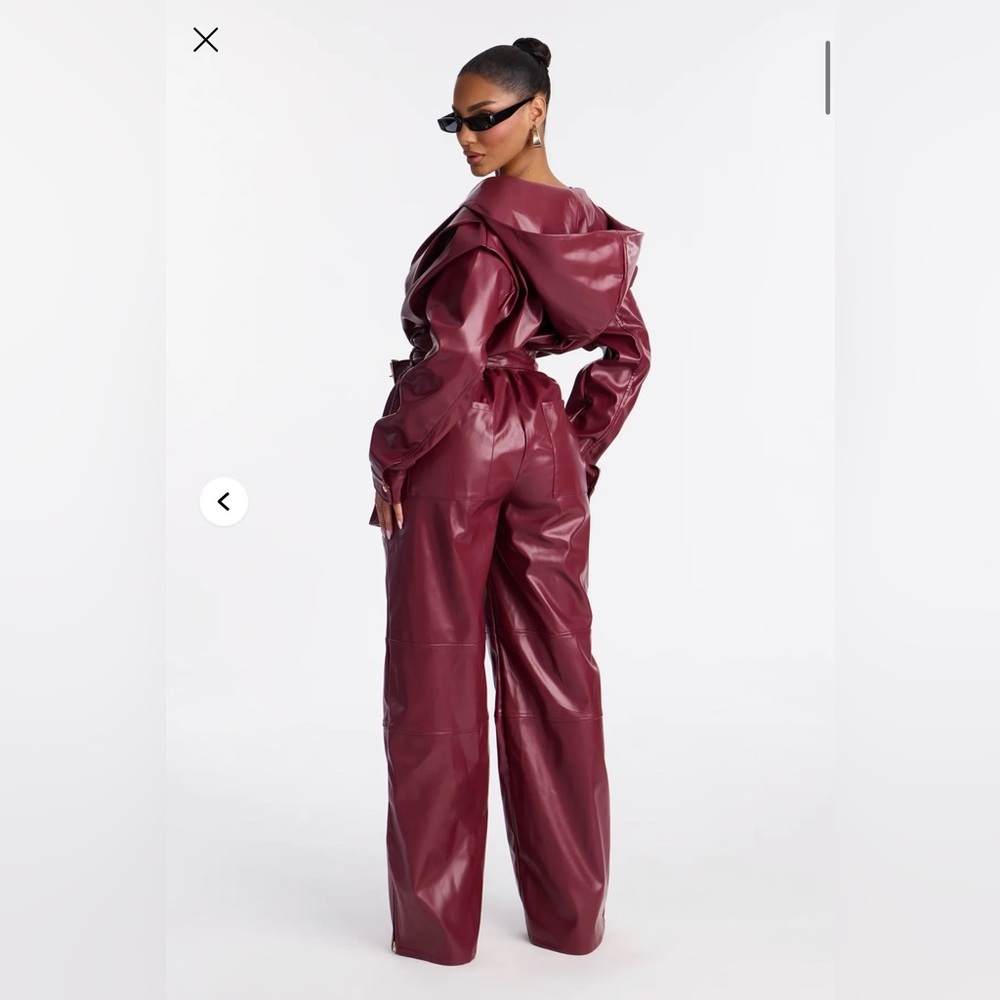 Sloane Hooded Cargo Leather Jumpsuit - Burgundy - Picture 4 of 6